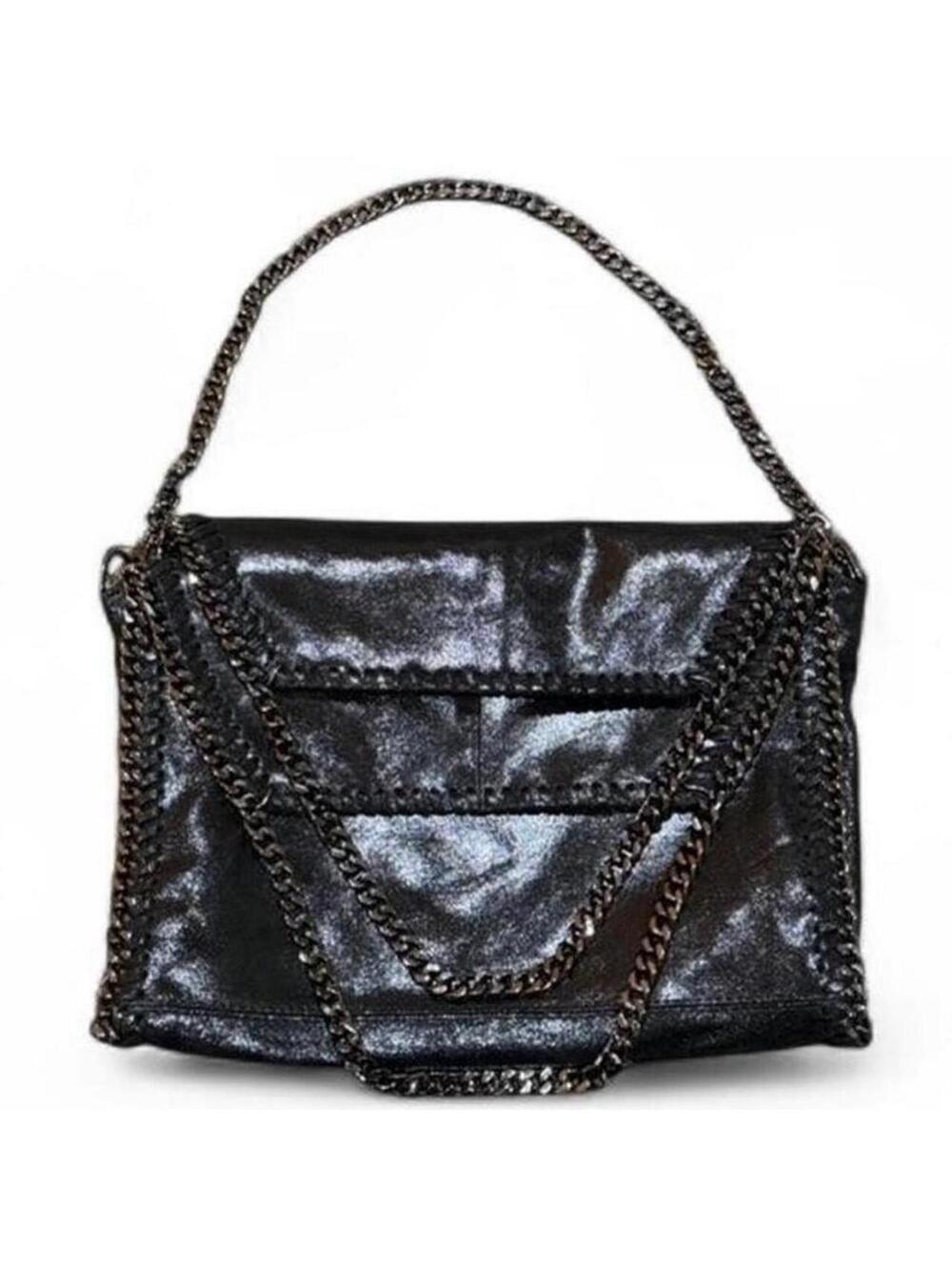 Large Authentic leather bag with removable gunmetal chains and shimmer finish.
